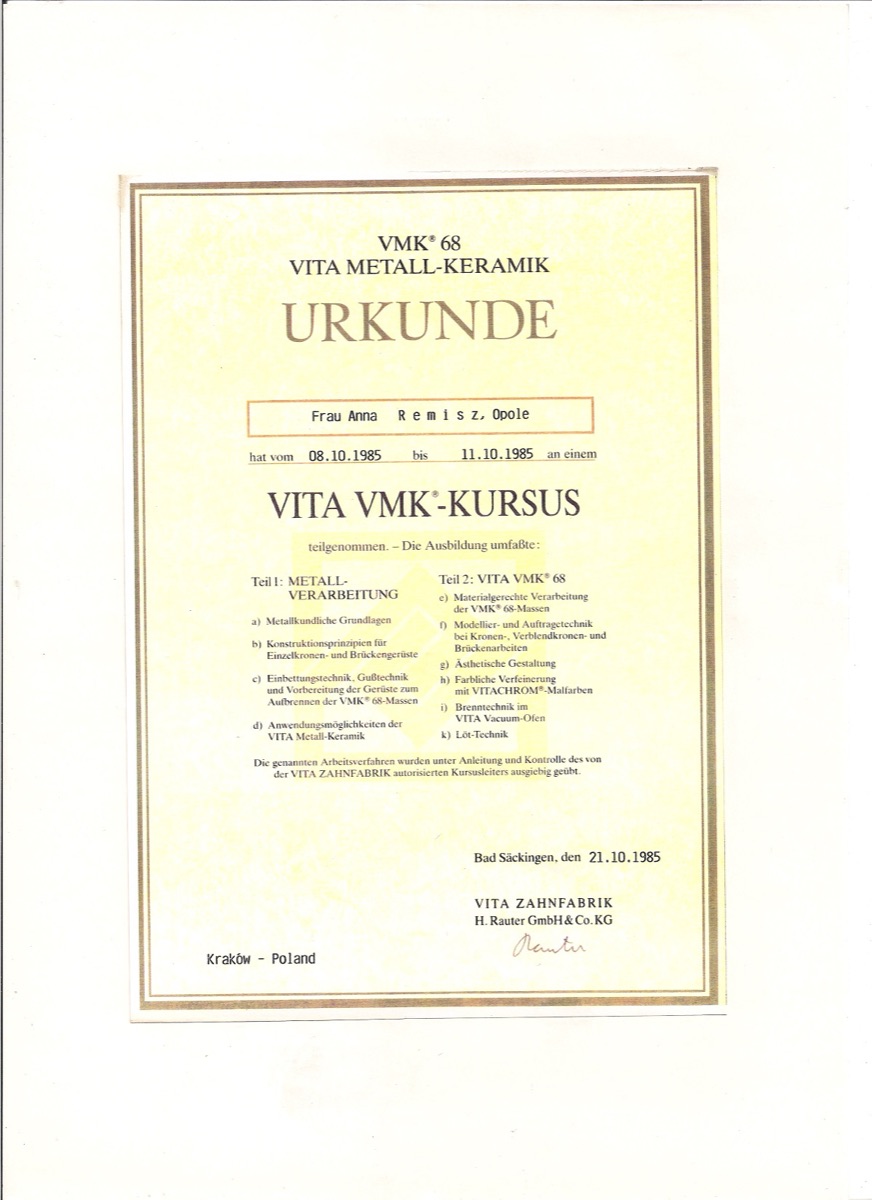 Certyfikat szkoleniowy - protetyka cyfrowa (2005)