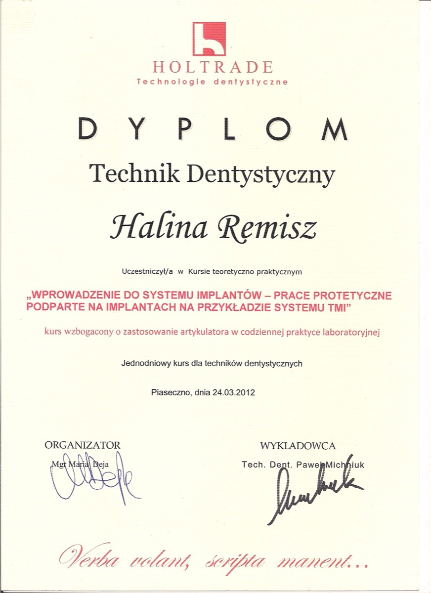 Certyfikat szkoleniowy - implantoprotetyka (2006)